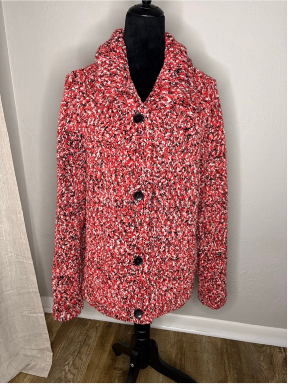 Evan-Picone Woman Red White Black Speckled Knit Cardigan 1X
